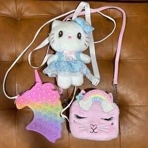 3 girls play purses backpack bags